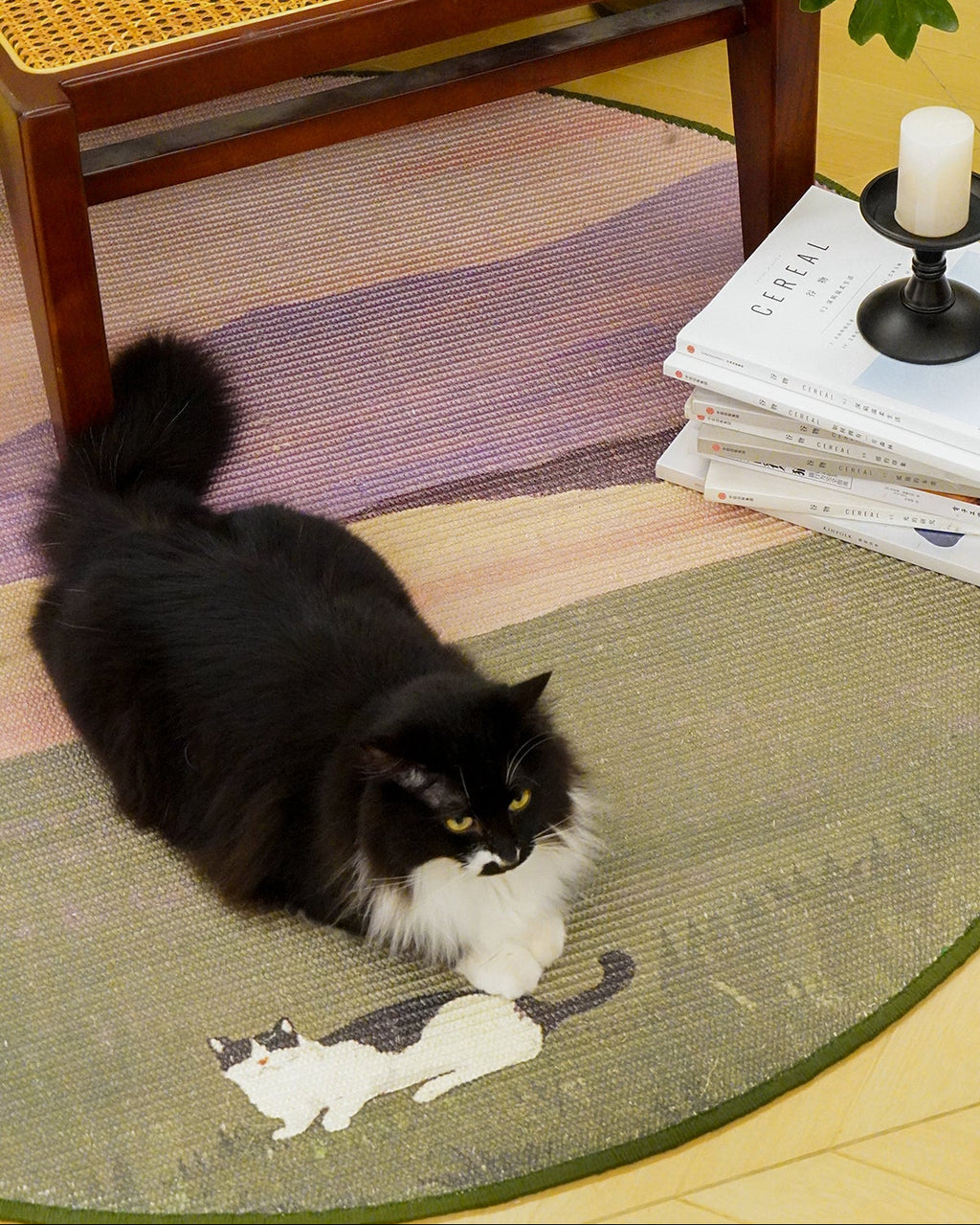 Black cat on a round rug with a 'Hygmeow!' text above, next to a wooden chair and candle.